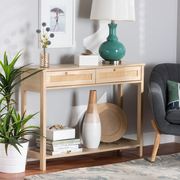BAXTON STUDIO Sebille Mid-Century Modern Light Brown Finished Wood 2-Drawer Console Table with Natural Rattan 207-12465